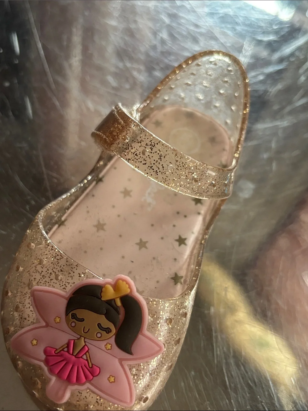 Cat & Jack Glitter Gold Mary Janes with Pink Ballerina Charm